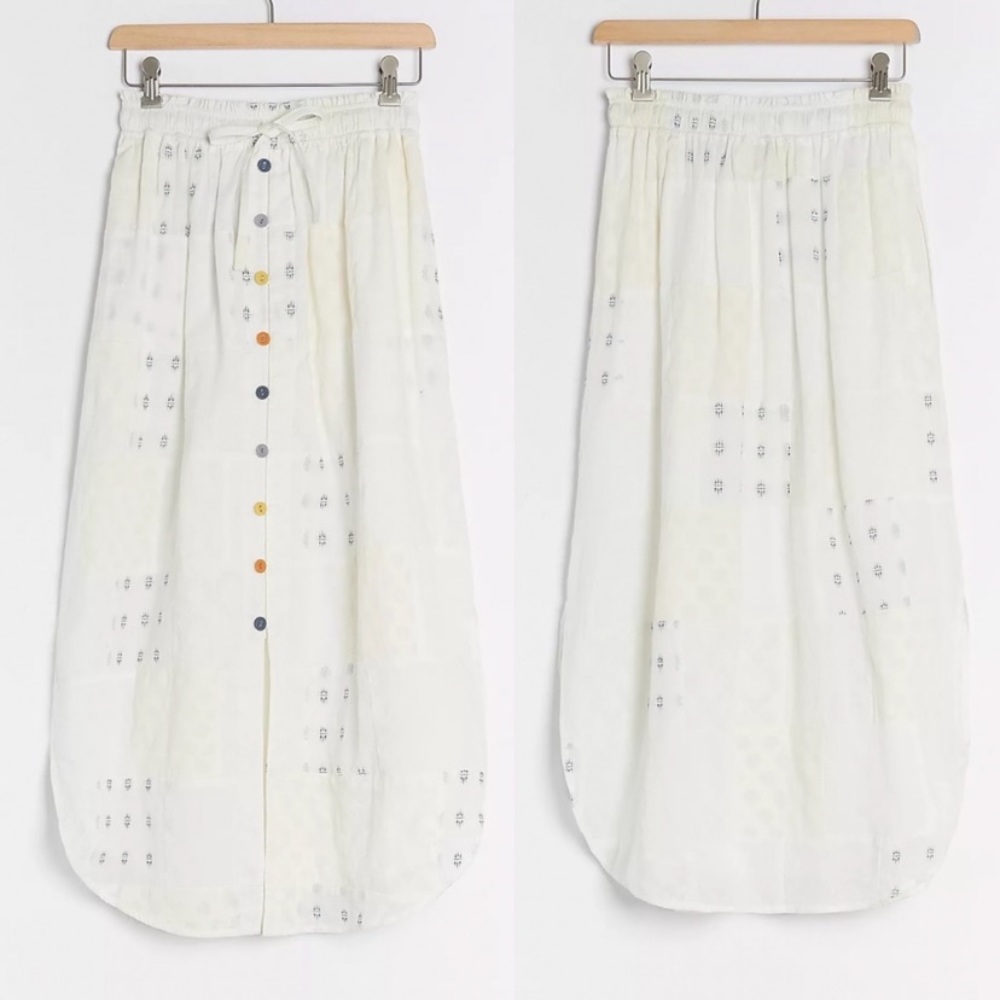 Anthropologie White Eyelet Midi Skirt with Colorful Buttons
